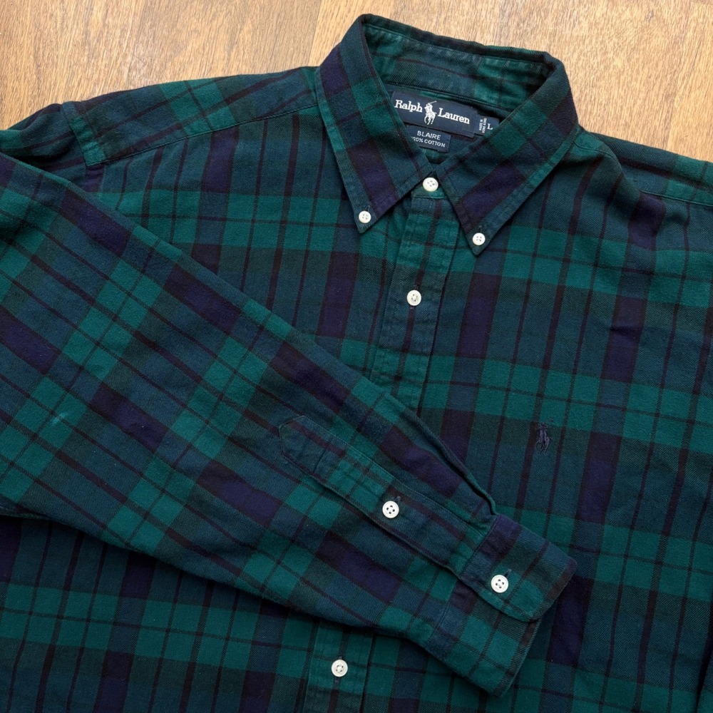 VTG Polo Ralph Lauren Small Pony Embroidred Green Blue Check Flannel Button Down